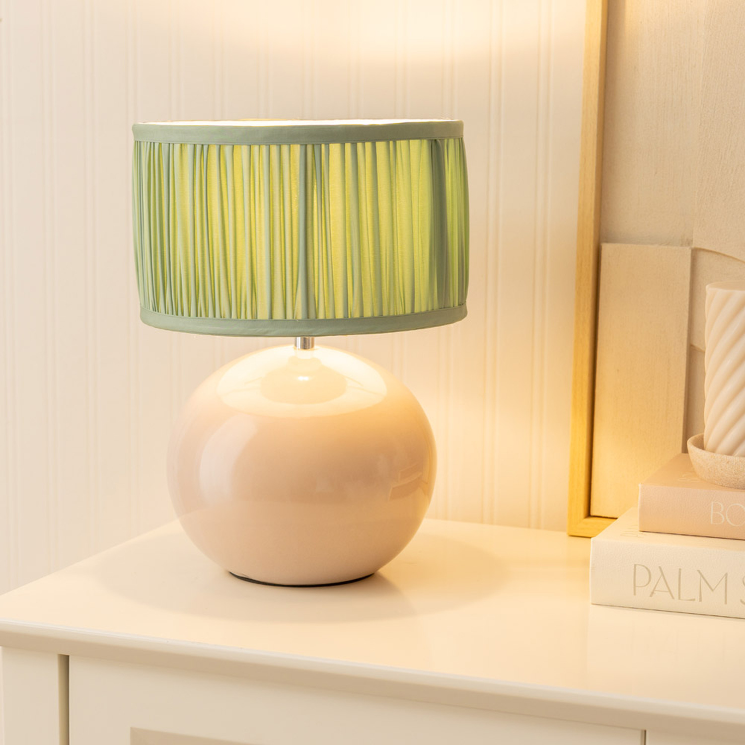 Bosco Stone Ceramic Table Lamp with Ruched Pleated Fabric Drum Lamp Shade - Green / Bulb Included