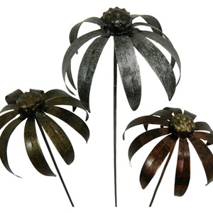 Set of 3 Metal Echinacea on 100cm stick Mixed Colour