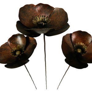 Set of 3 Metal Poppies on 100cm stick Bronze
