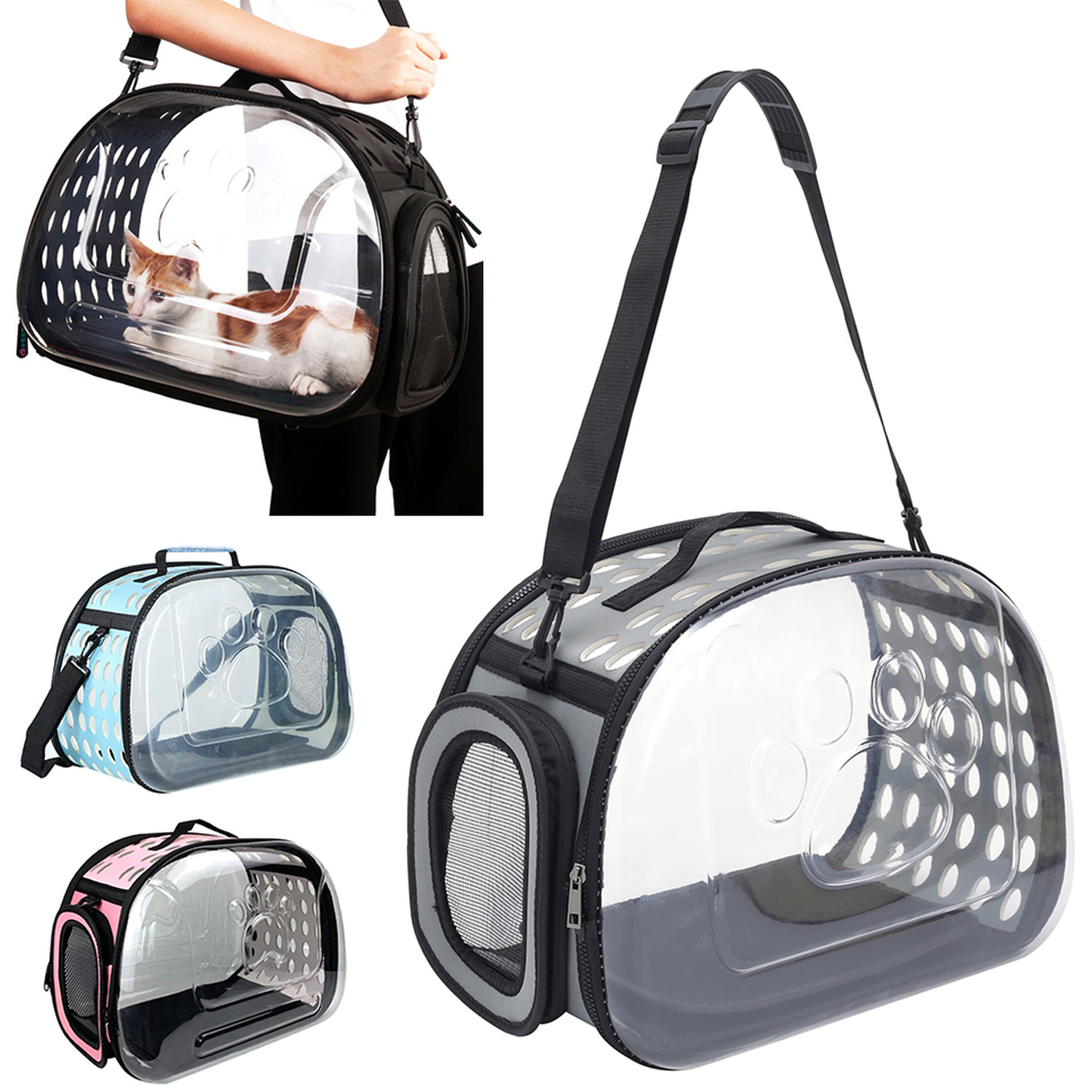Livingandhome Foldable Clear Pet Carrier With Ventilation - Black