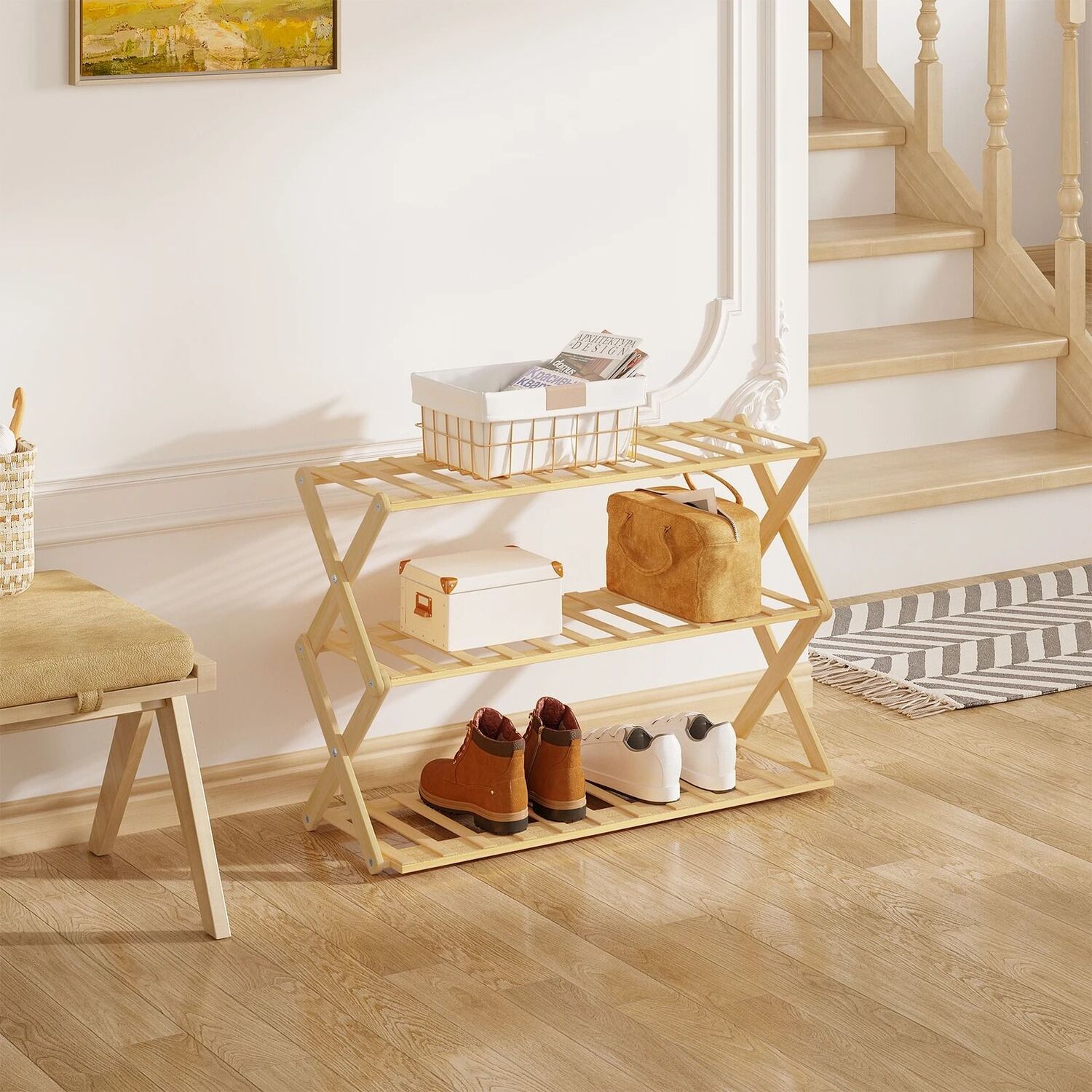 Folding 3 Tier Bamboo Shoe Rack Portable Shoe Shelf