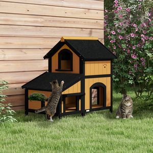 PawHut Wooden Outdoor Cat House with Flower Pot