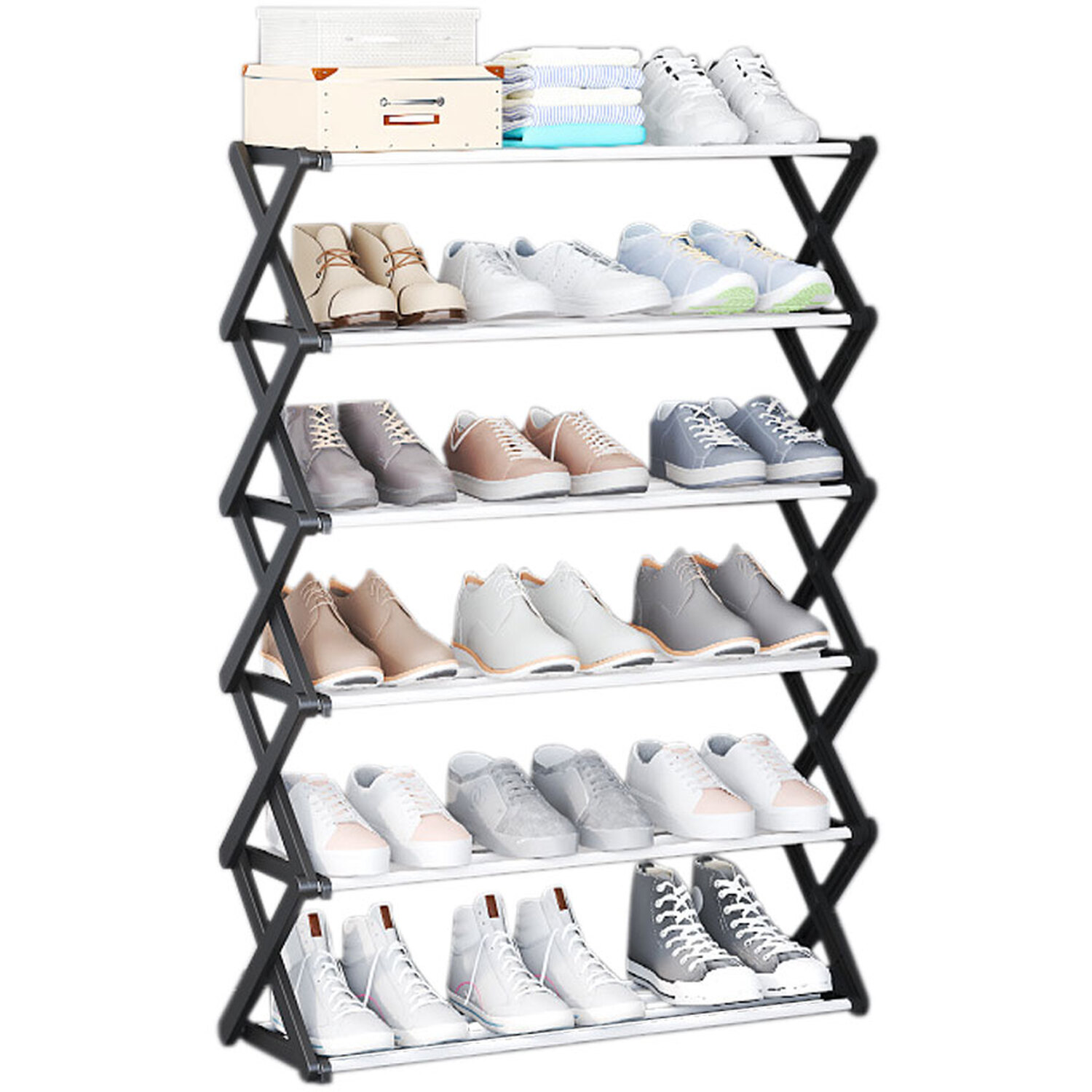 Kidkid 6-Tier Shoe Storage Foldable Metal Rack - Black