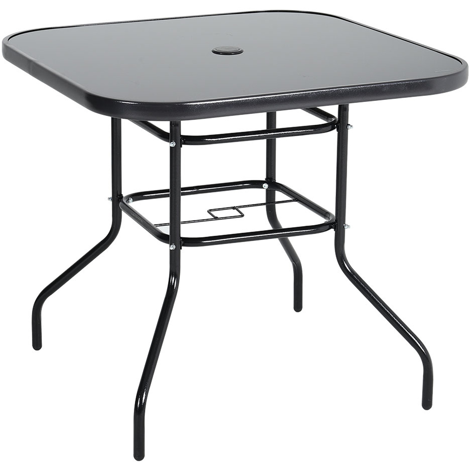 Metal and Glass Garden Table with Parasol Hole - Black / 80cm