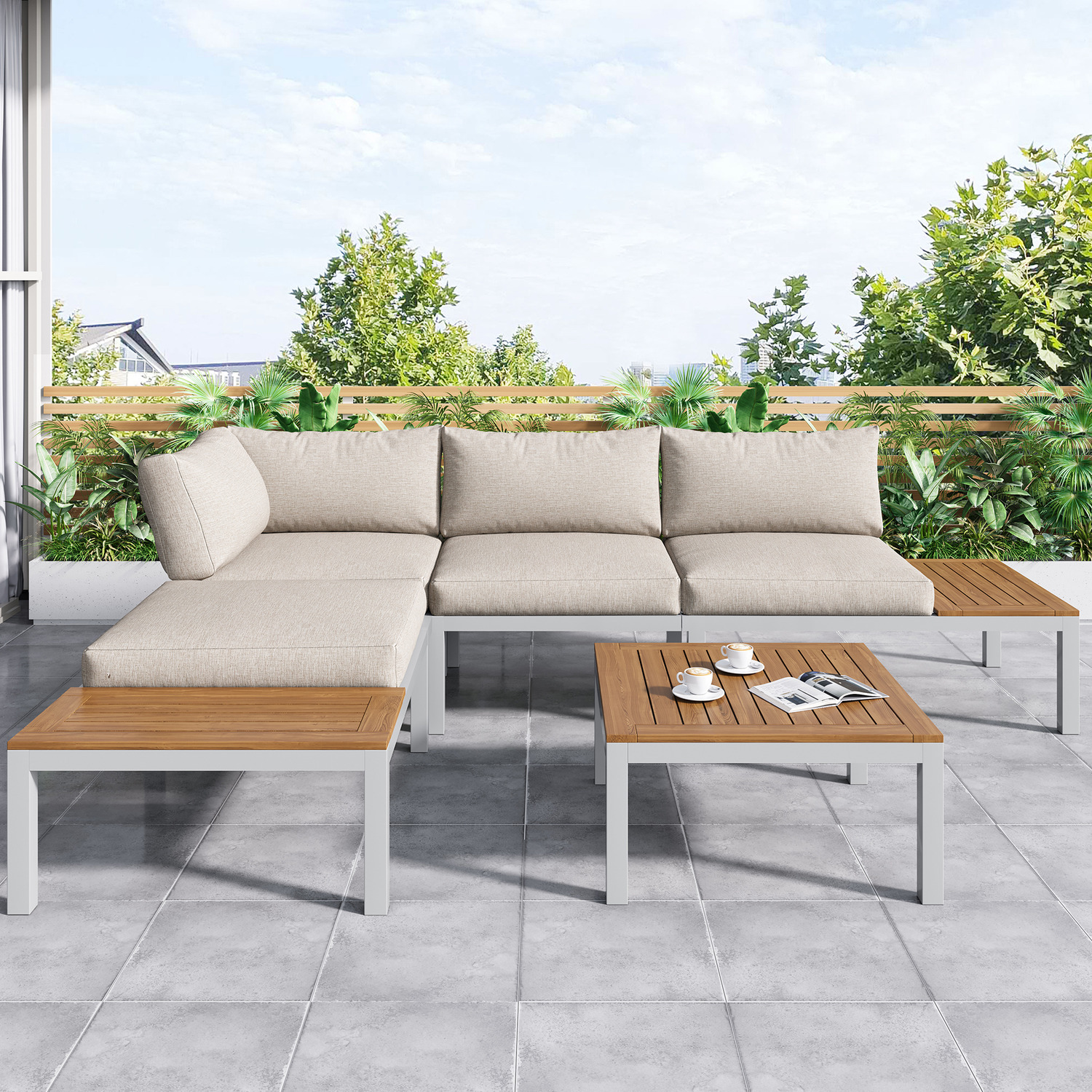 L-shaped Outdoor Lounge Set With Coffee Table - Beige