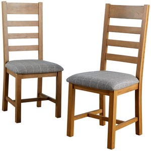 Smoked Oak / Slatted Back Pair of Holcombe Smoked Oak Dining Chairs Grey Check Fabric Seat shot 9445260