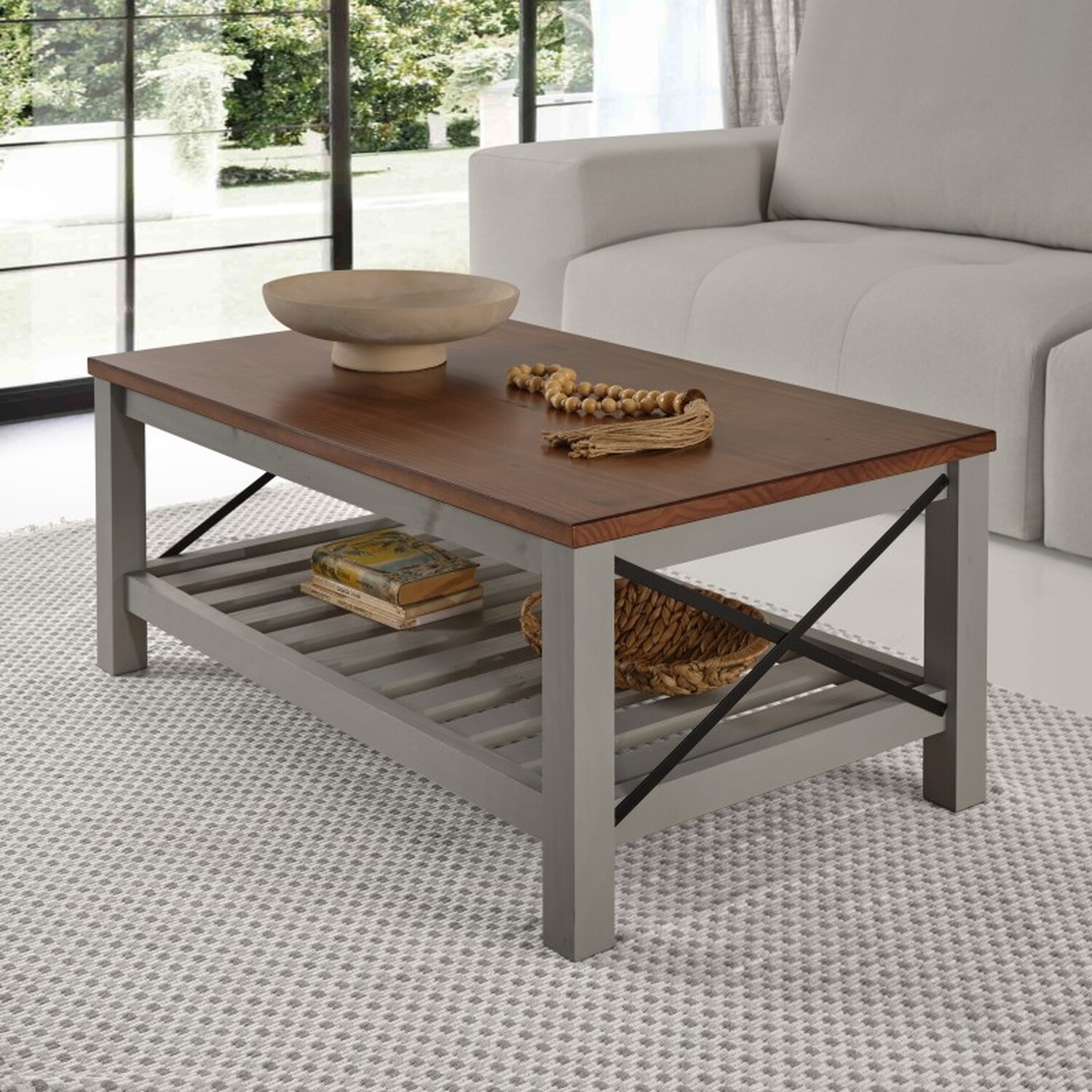 Cottage Large Coffee Table Solid Wood Wooden - Grey