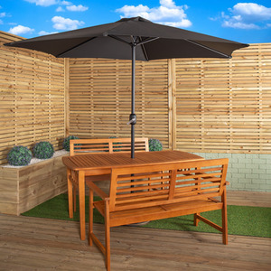 4 Person Dining Table, 2 Benches with Black Parasol and Base
