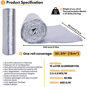 Aluminium Premium Multi-Layer Thermal Insulation Blanket Membrane 15sqm, Insulation Roll shot 10265106