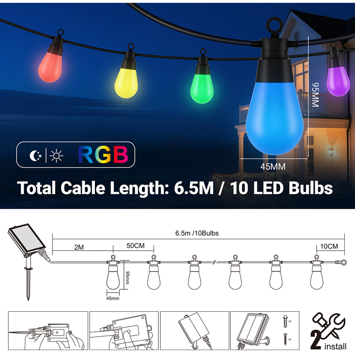 Led Solar Bulb String Lights 6 5m 10 Bulbs 8 Modes - Rgbw