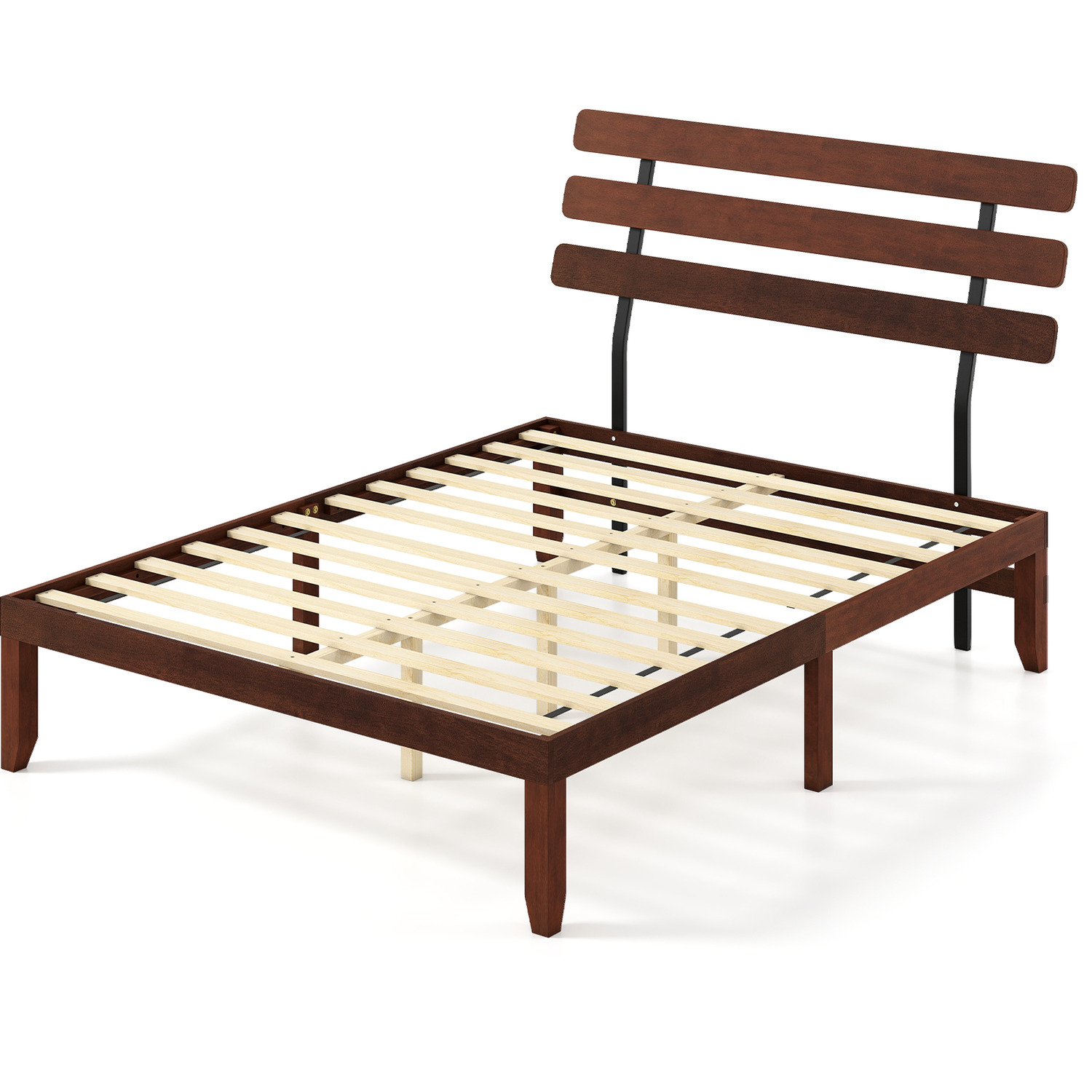 Solid Wood Platform Bed With Retro Headboard - Brown King