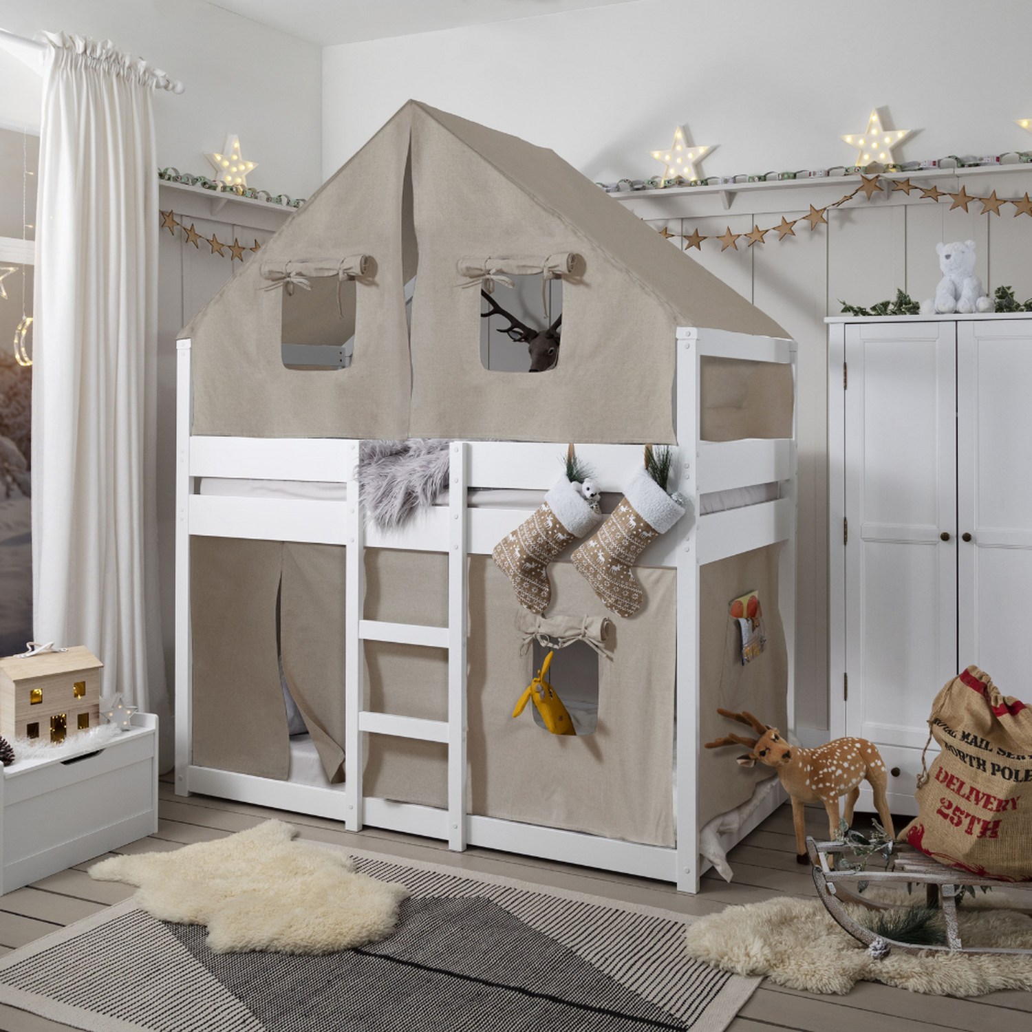 Sofie Bunk Bed House Cabin With Canvas Tent - White