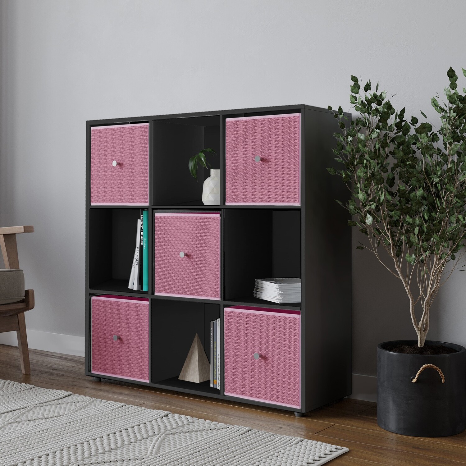 Urbnliving Black 9 Cube Storage Unit With Drawers - Black Pastel Pink