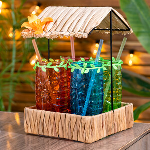 Tiki Bar Hut Serving Tray with 4 Glasses