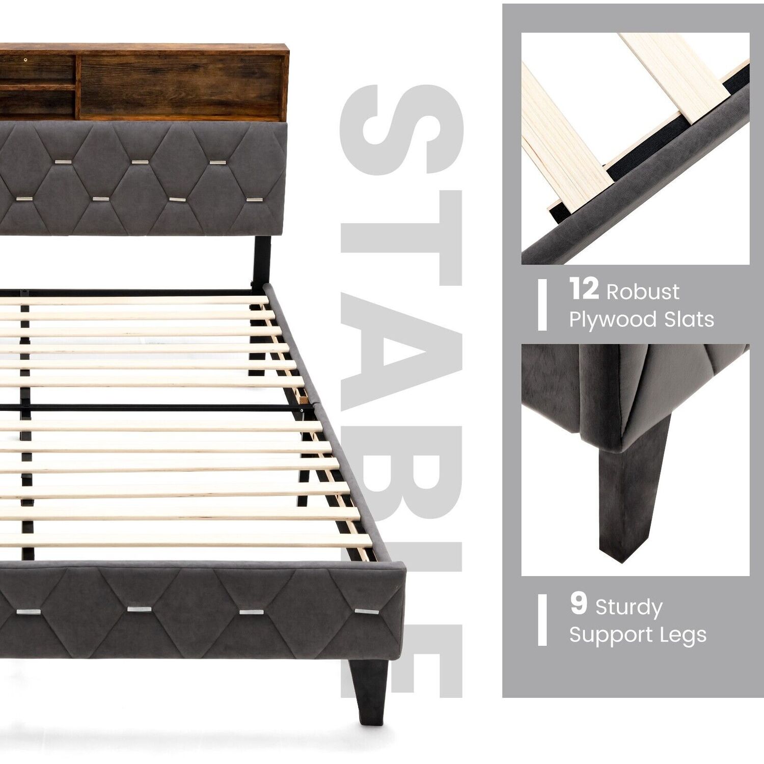 Upholstered Platform Bed With Storage Headboard - Grey