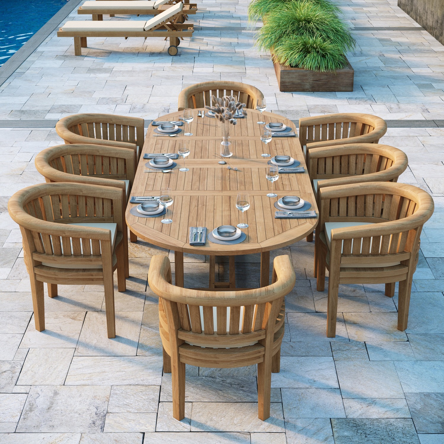 Valetta Teak Garden Dining Table And 8 Seat Chair Set - Teak Table 8 Chairs Cream Cushions