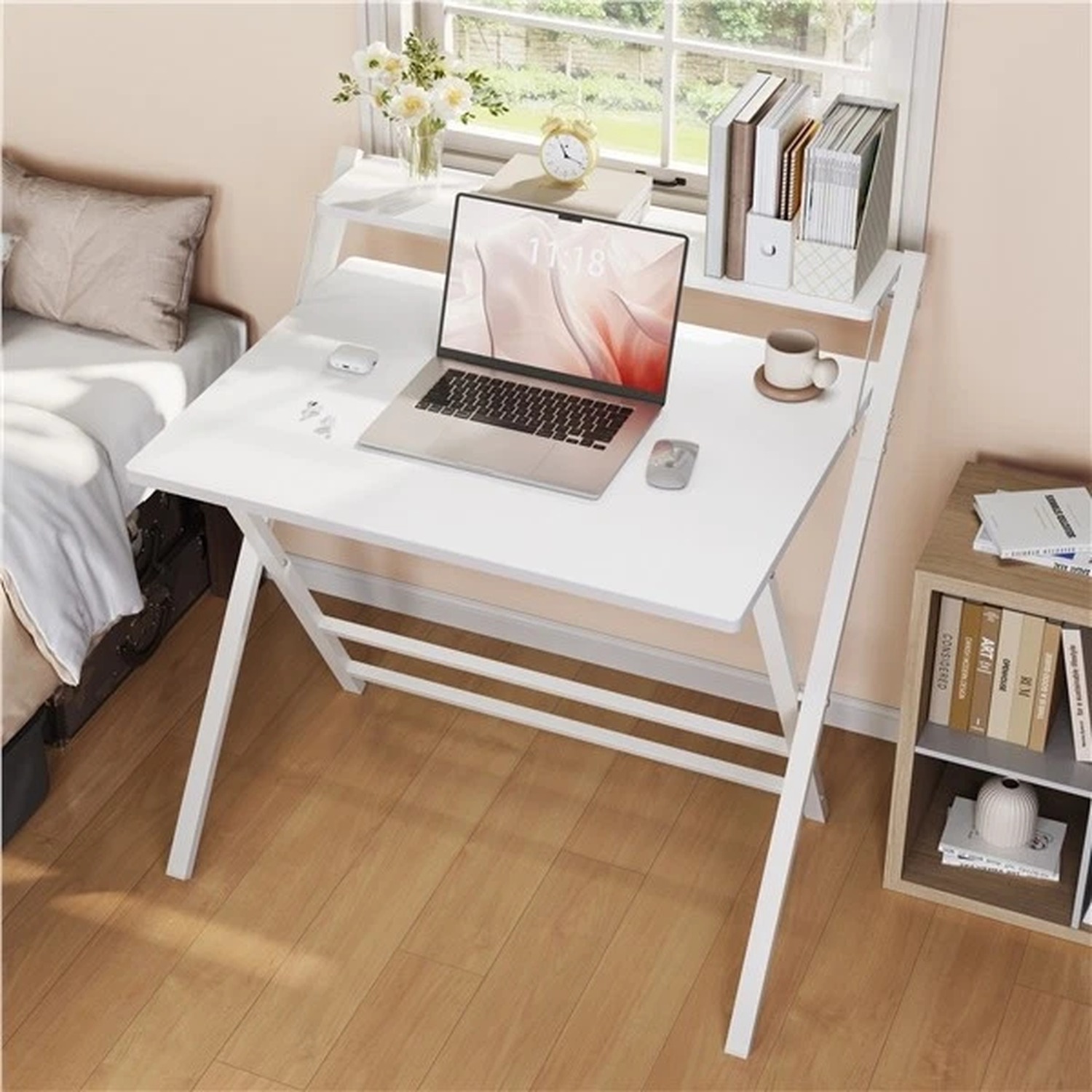 2-tier Foldable Computer Desk With Monitor Shelf - White