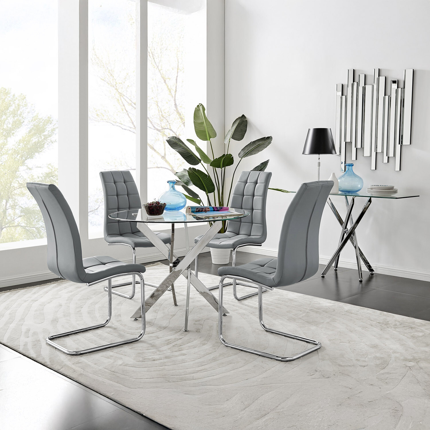 Furnitureboxuk Novara 100Cm Round Glass Dining Table With 4 Murano Chairs Chrome Finish - Grey