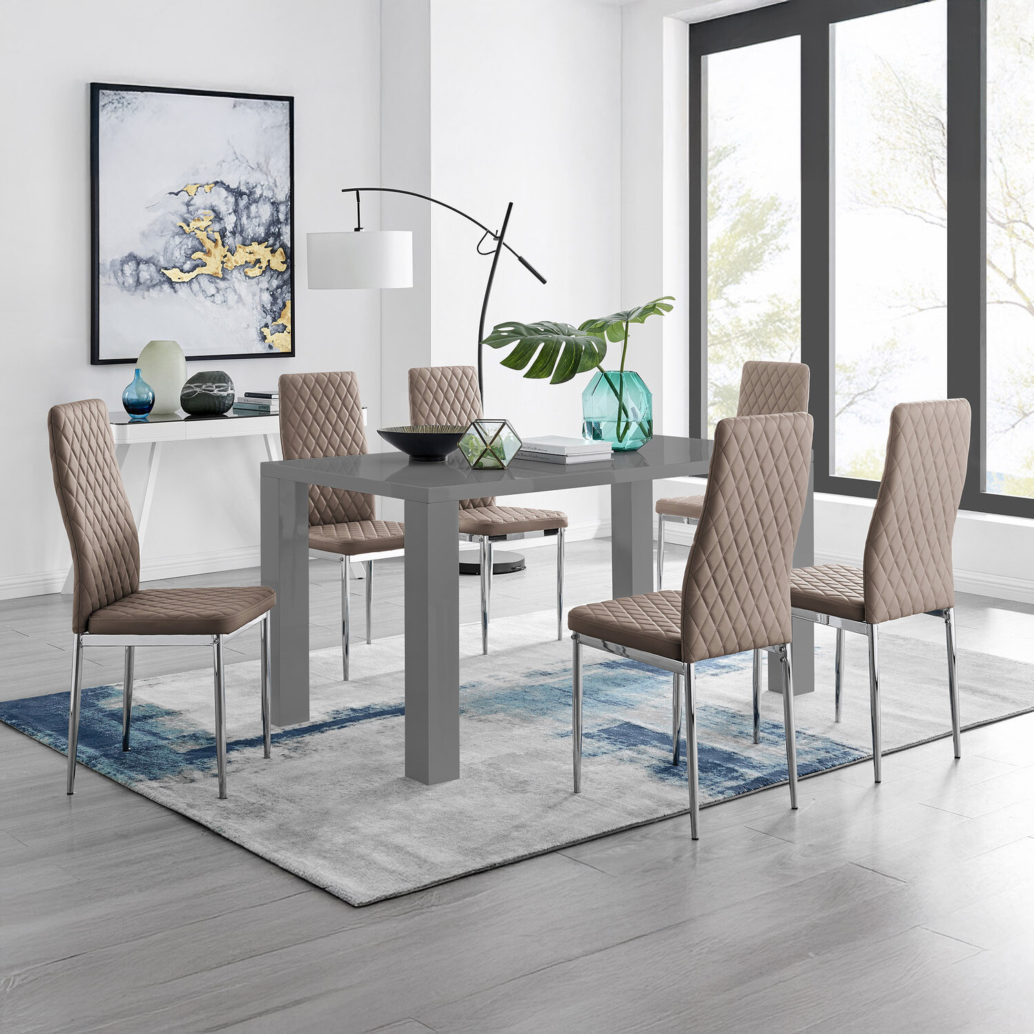 Furnitureboxuk Pivero Grey High Gloss Dining Table And 6 Modern Milan Chairs - Cappuccino