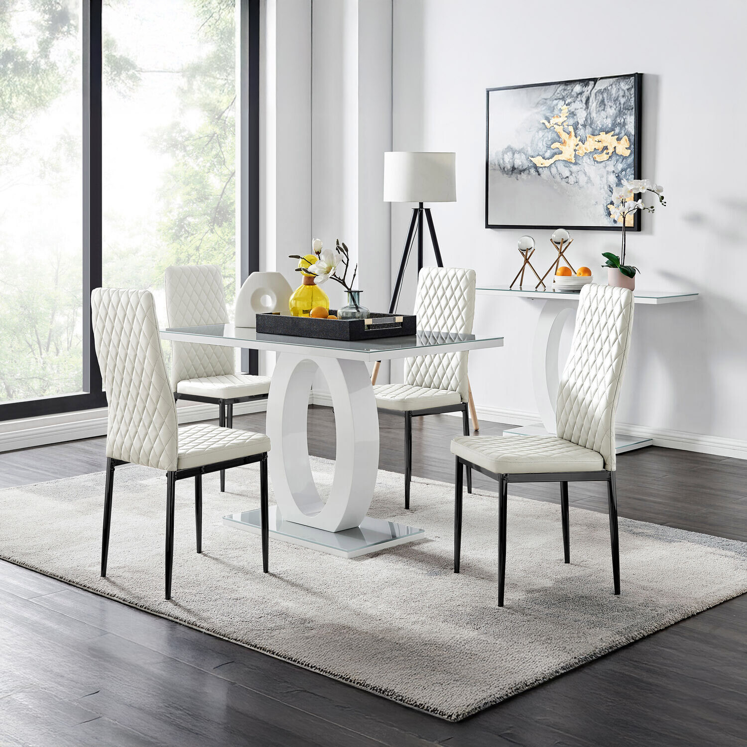 Giovani Grey Dining Table With Four Milan Black Leg Chairs - White