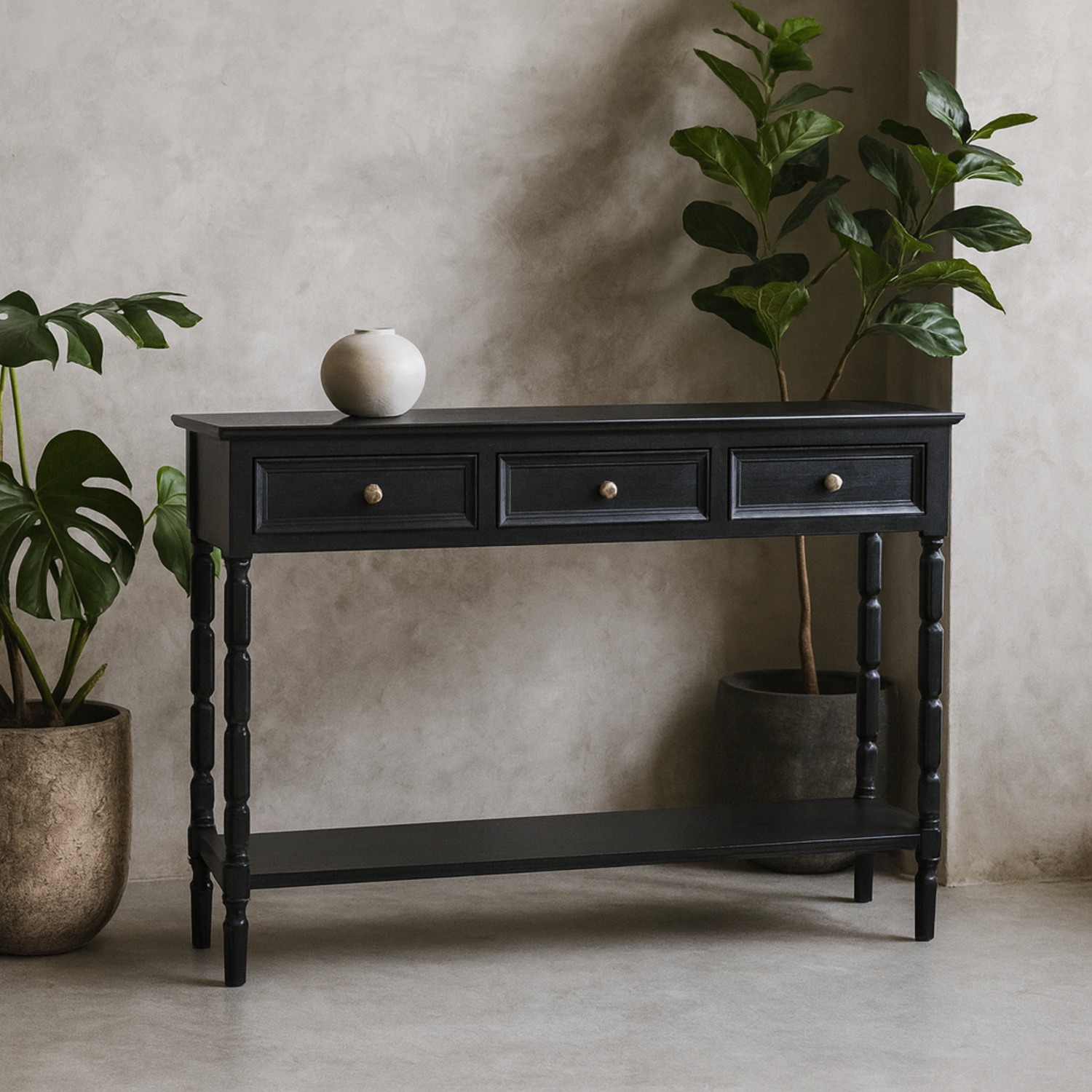 Wyld Haus Ploumanach 3 Drawer Wooden Console With Lower Shelf - Black