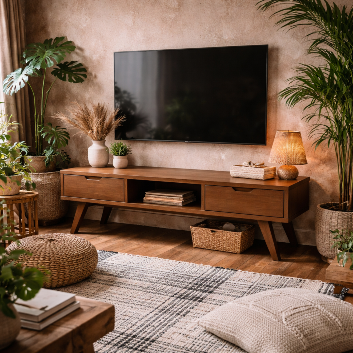 Jyvaskyla Dark TV Unit with Sliding Door and 2 Drawers - Natural