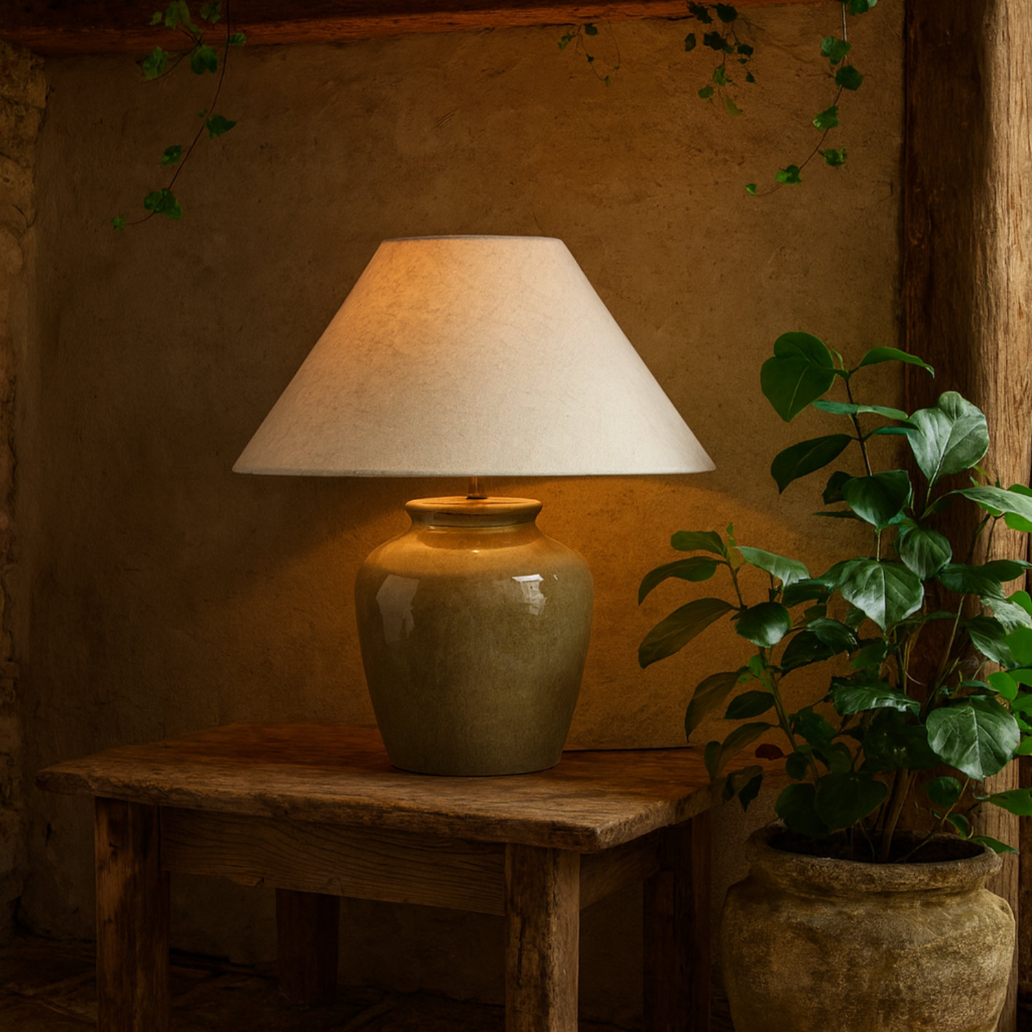 Rocamadour Ceramic Table Lamp with Tapered Linen Shade - Green