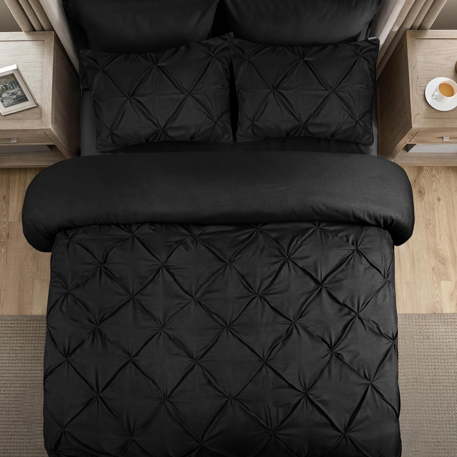 Elegant Pintuck Duvet Cover Set - Black Double