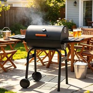 Large Charcoal BBQ Barrel Grill Smoker Thermometer Side Table Wheels Outdoor