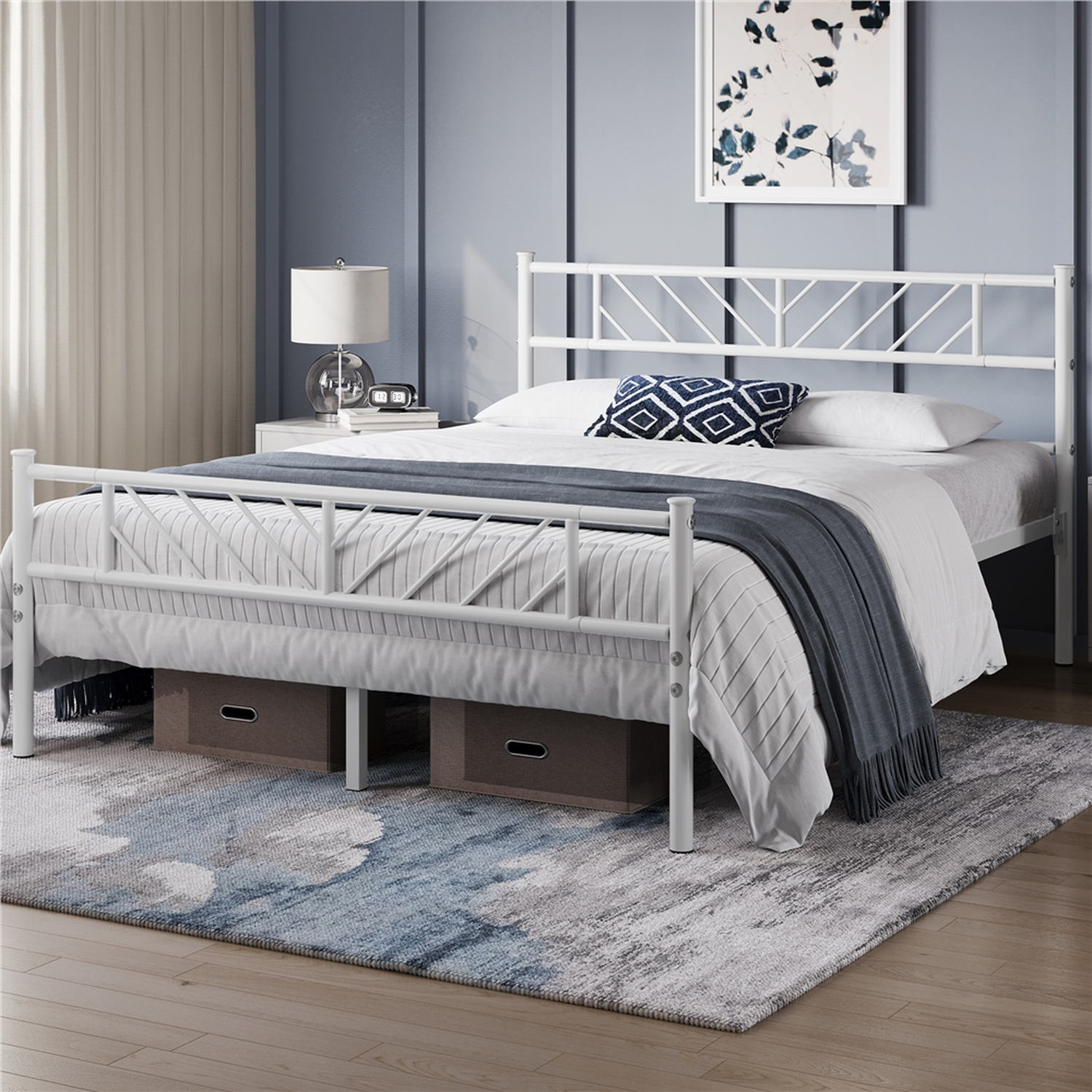 Metal Bed Frame With Arrow Design Headboard And Footboard - White King