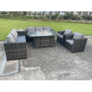 Rattan 8 Seater Gas Fire Pit Dining Set Side Table