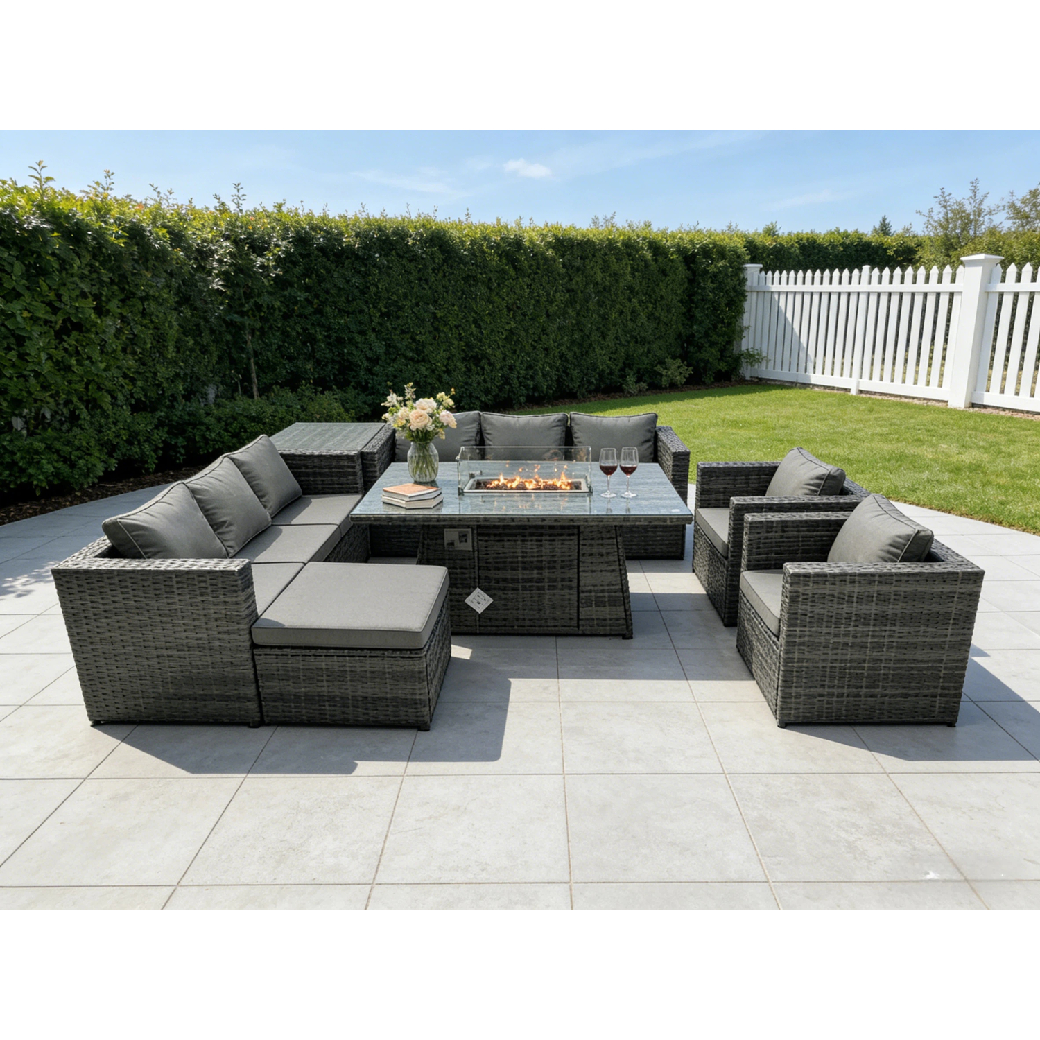 Fimous Rattan 9 Seater Gas Fire Pit Dining Set