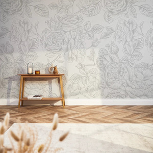 Gentle Roses Full Wall Mural in Grey