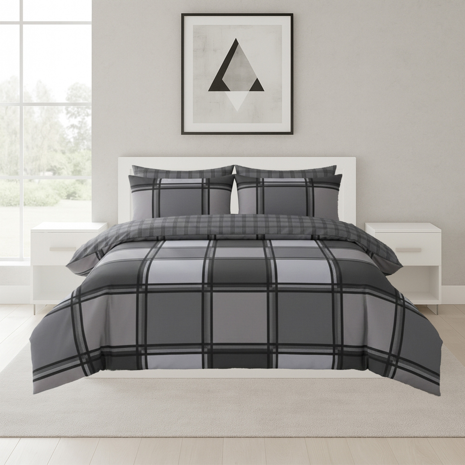 Snug City Box Print Duvet Cover Set Contemporary Square Pattern Bedding in Grey | Size: Single