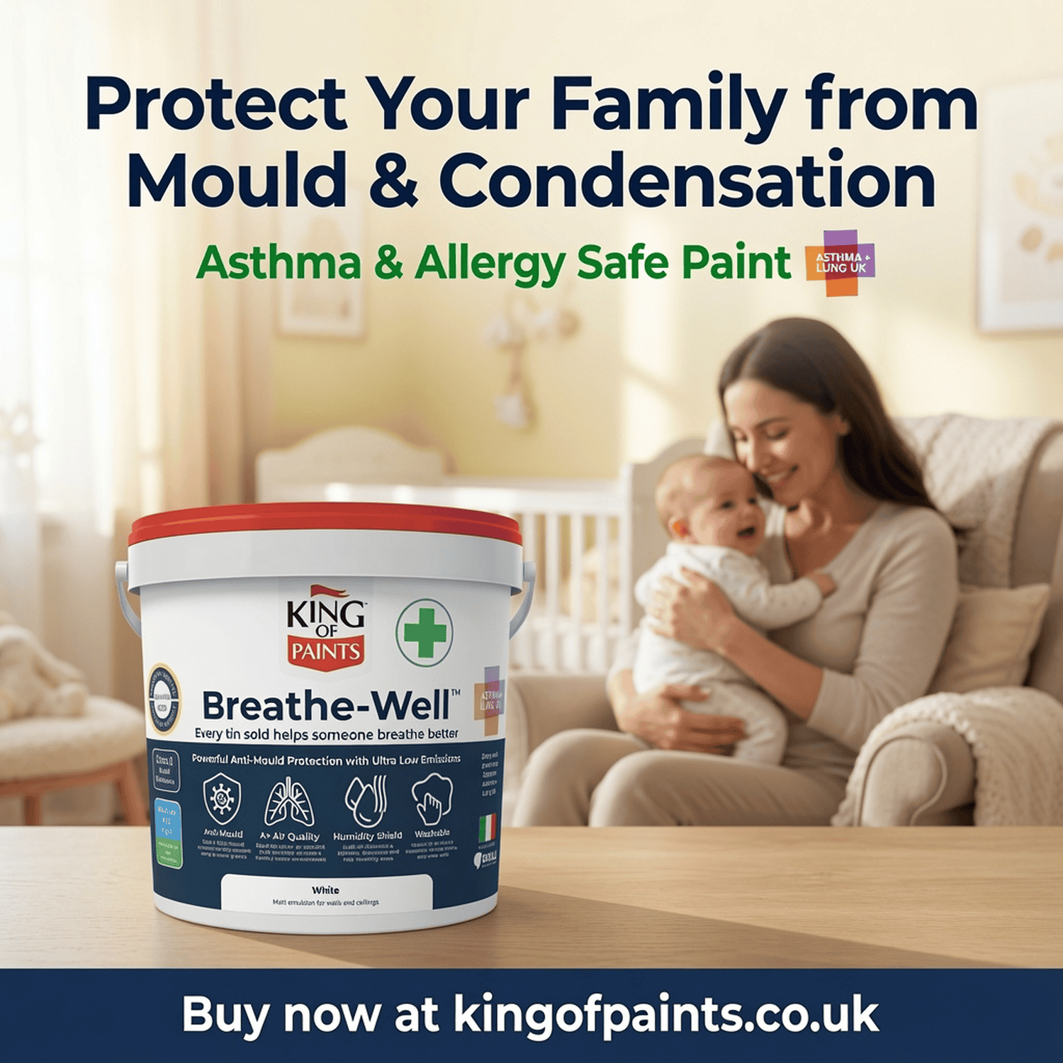 King Of Paints Baby Safe Paint Breathe-Well White Breathable Lowest Voc Asthma Friendly 5 Litres - White