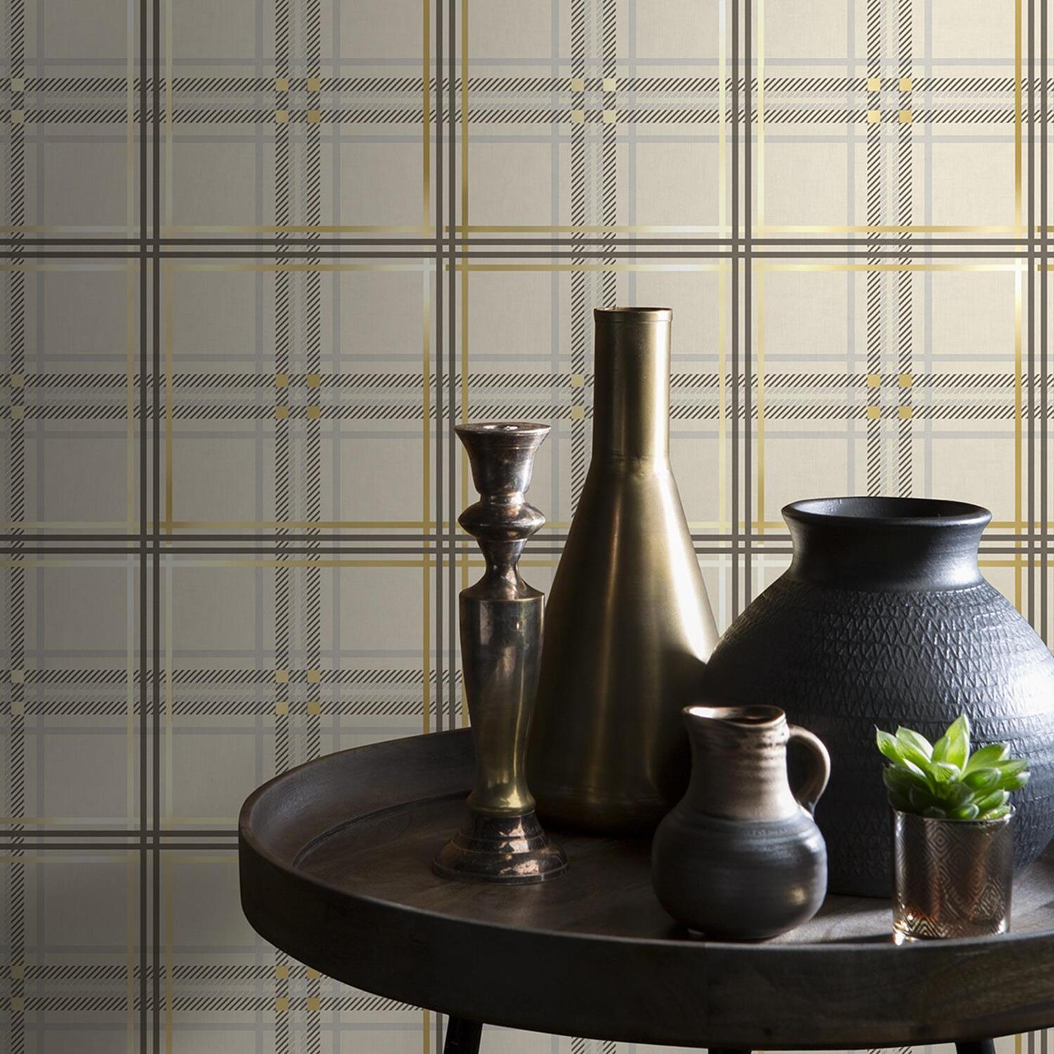 Cream Gold Tartan Check Wallpaper Metallic Shimmer 5061103677426 - Image 4