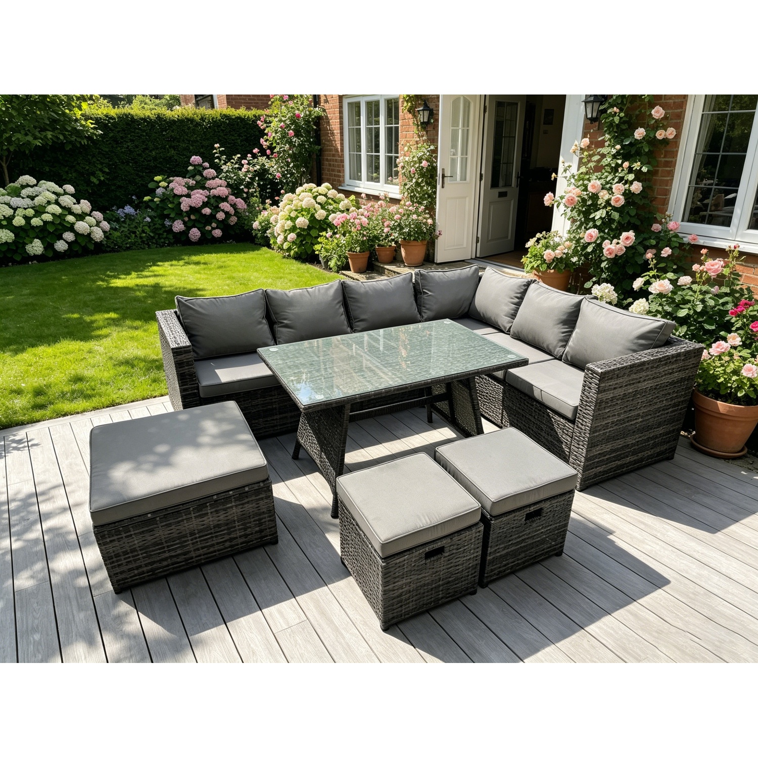 Fimous Unisex Dark Grey Seater Grey Rattan Corner Sofa Set Dining Table Armchair Foot Rest Garden Furniture Outdoor In Size 9 - Image 2