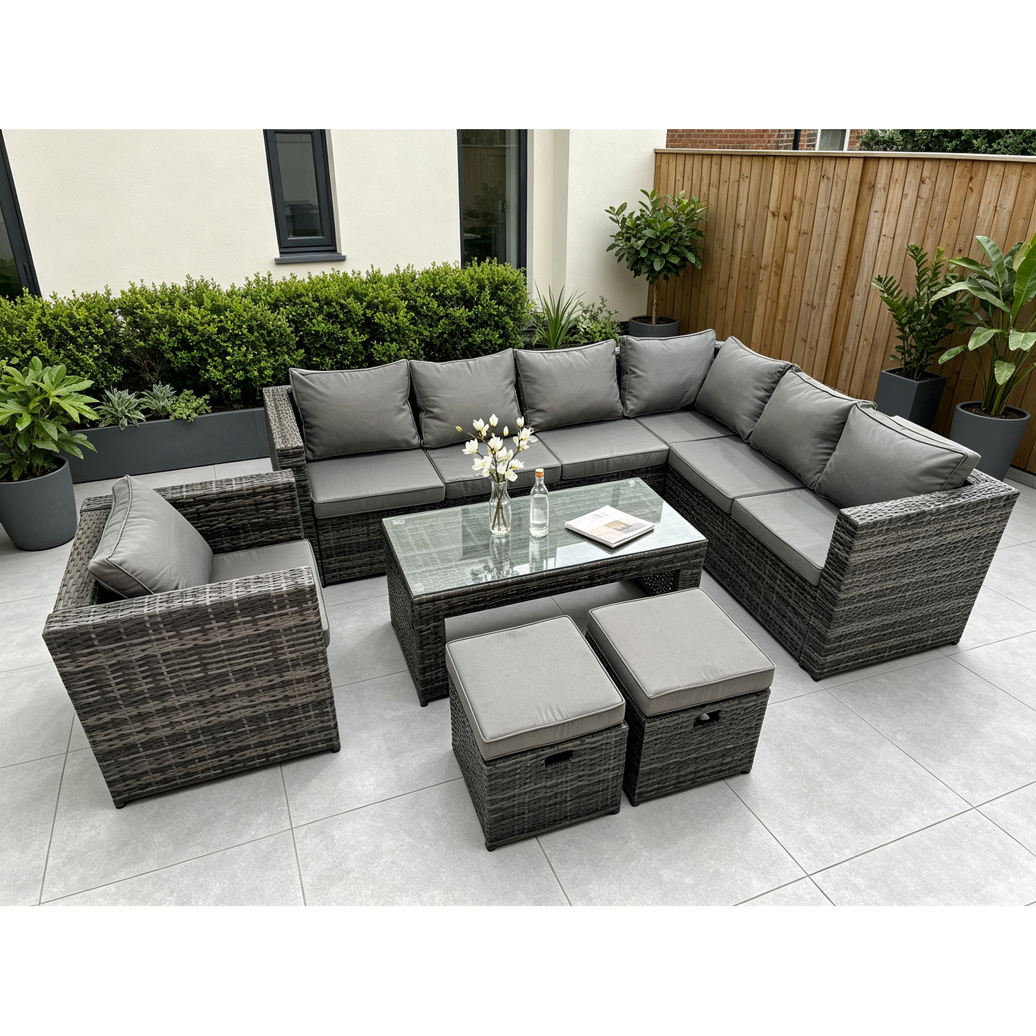 B&Q - 9 Seater Rattan Corner Sofa Lounge Sofa Set With Rectangular Coffee Table 2 Stool Dark Grey Mixed Right Hand - Image 2