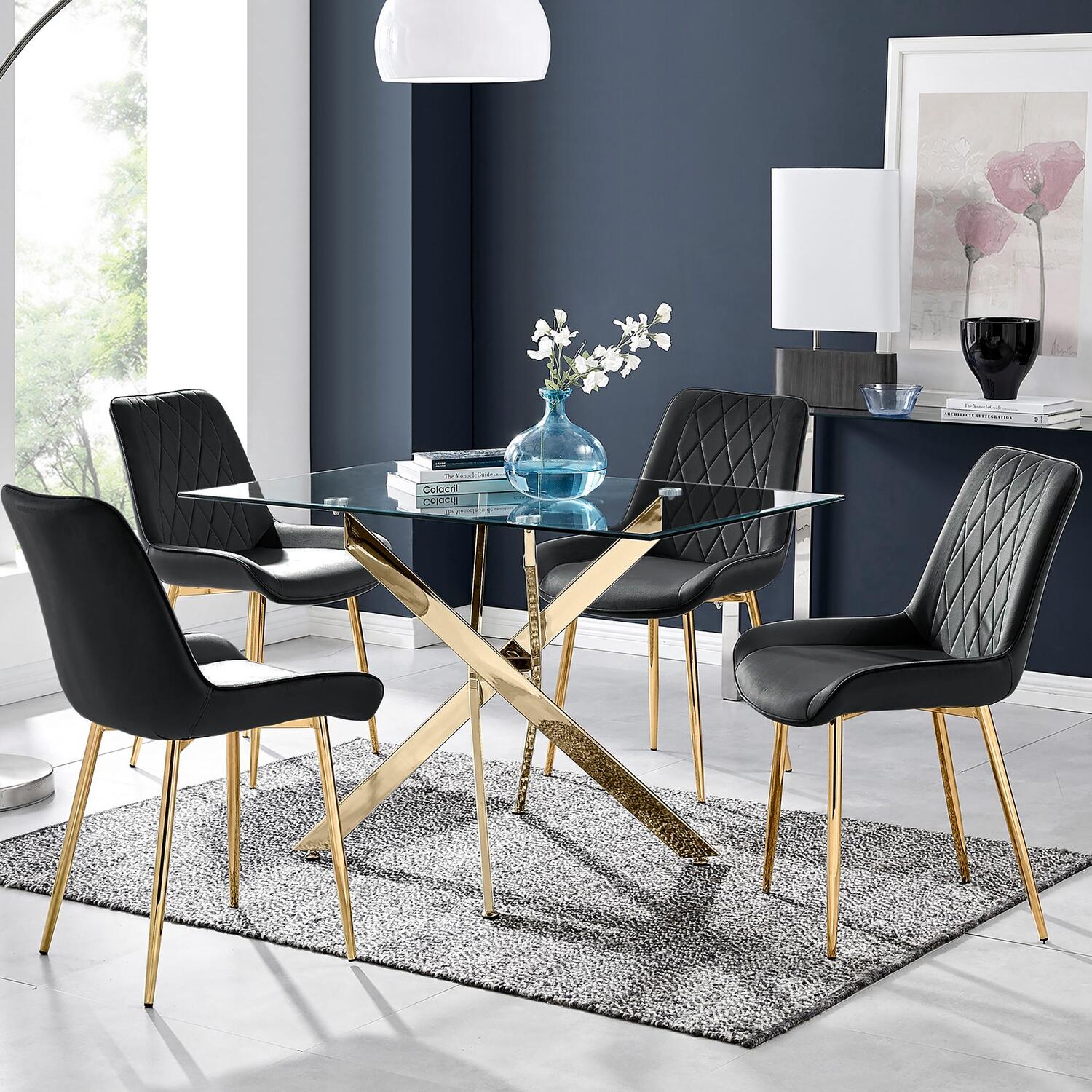 Furnitureboxuk Leonardo Dining Table With Four Pesaro Gold Leg Chairs - Black