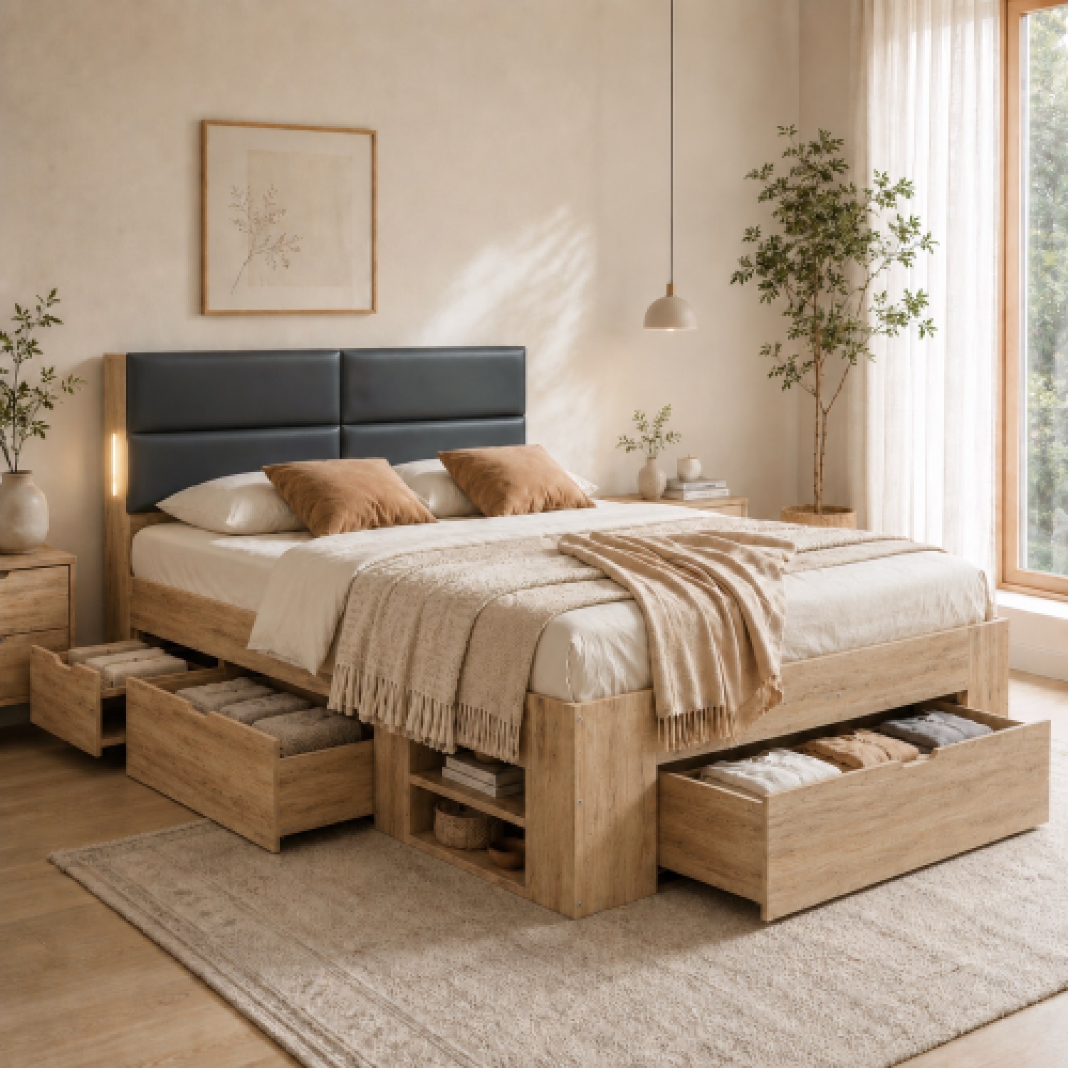 Aka Storage Bed With Three Drawers, Open Shelves, Padded Headboard And Led Reading Light - Natural