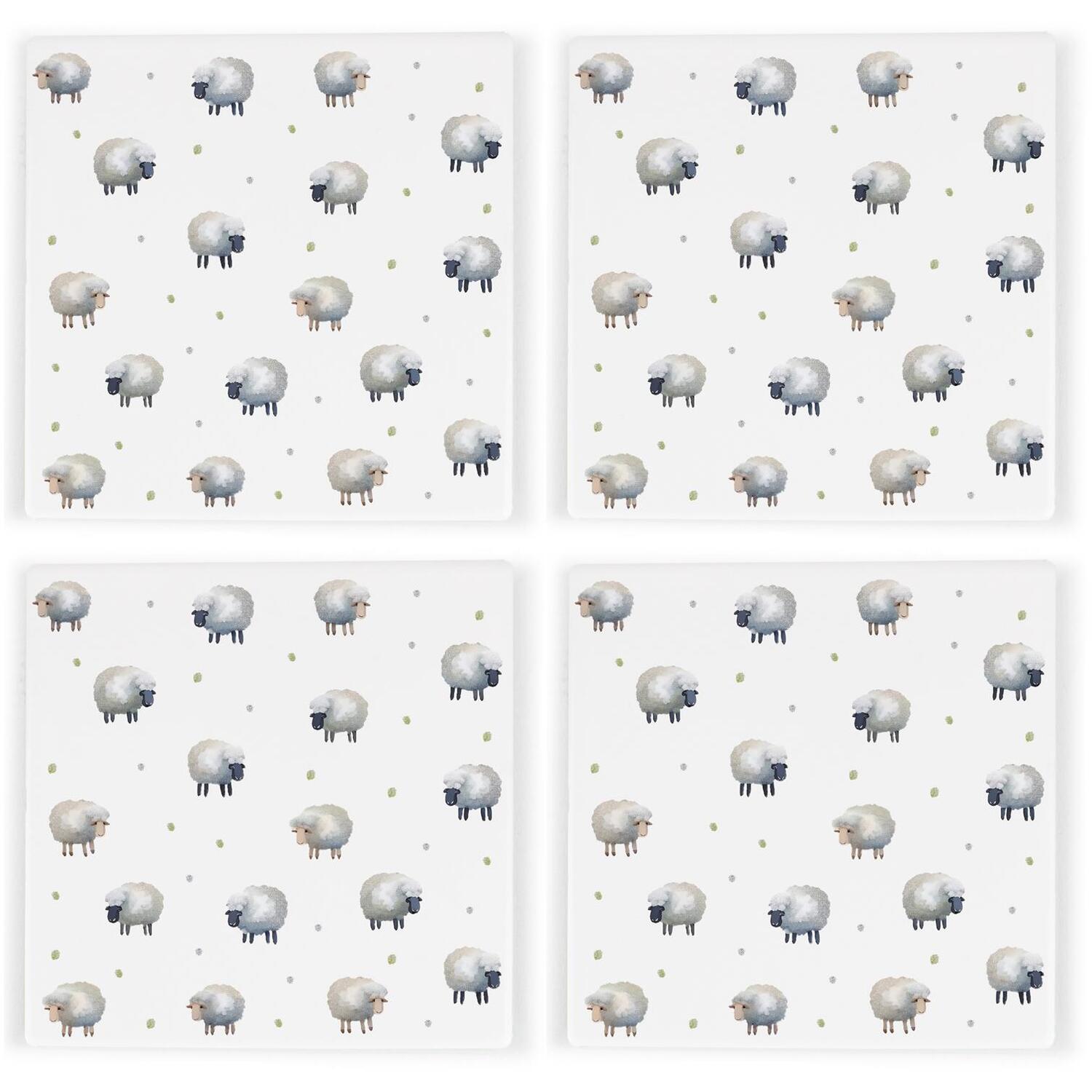 Purely Home Spring Sheep Coaster Set - Countryside Themed Set Of 4 Square Ceramic Coasters - White