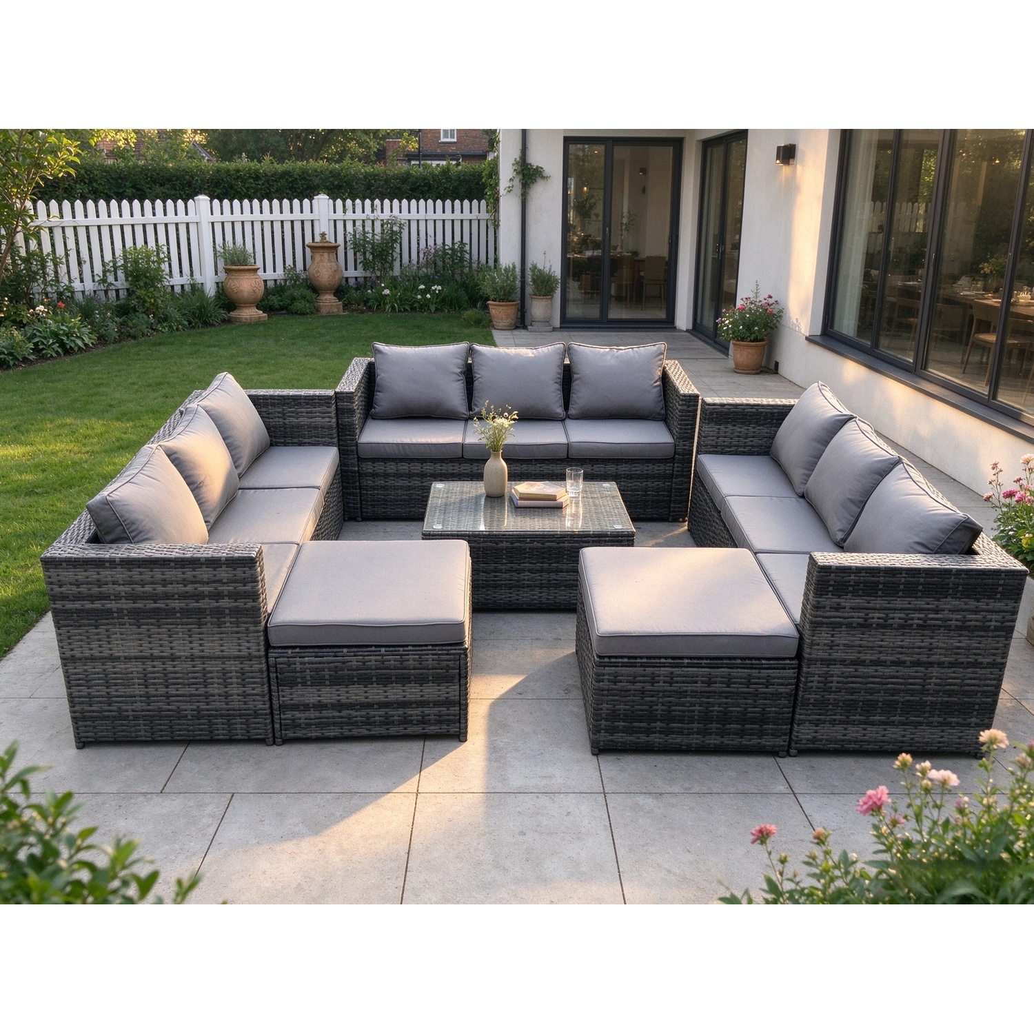 Fimous Unisex Dark Grey 11-Seater Patio Coffee Table Sofa Set With 2 Big Stools In Size 11 - Image 2