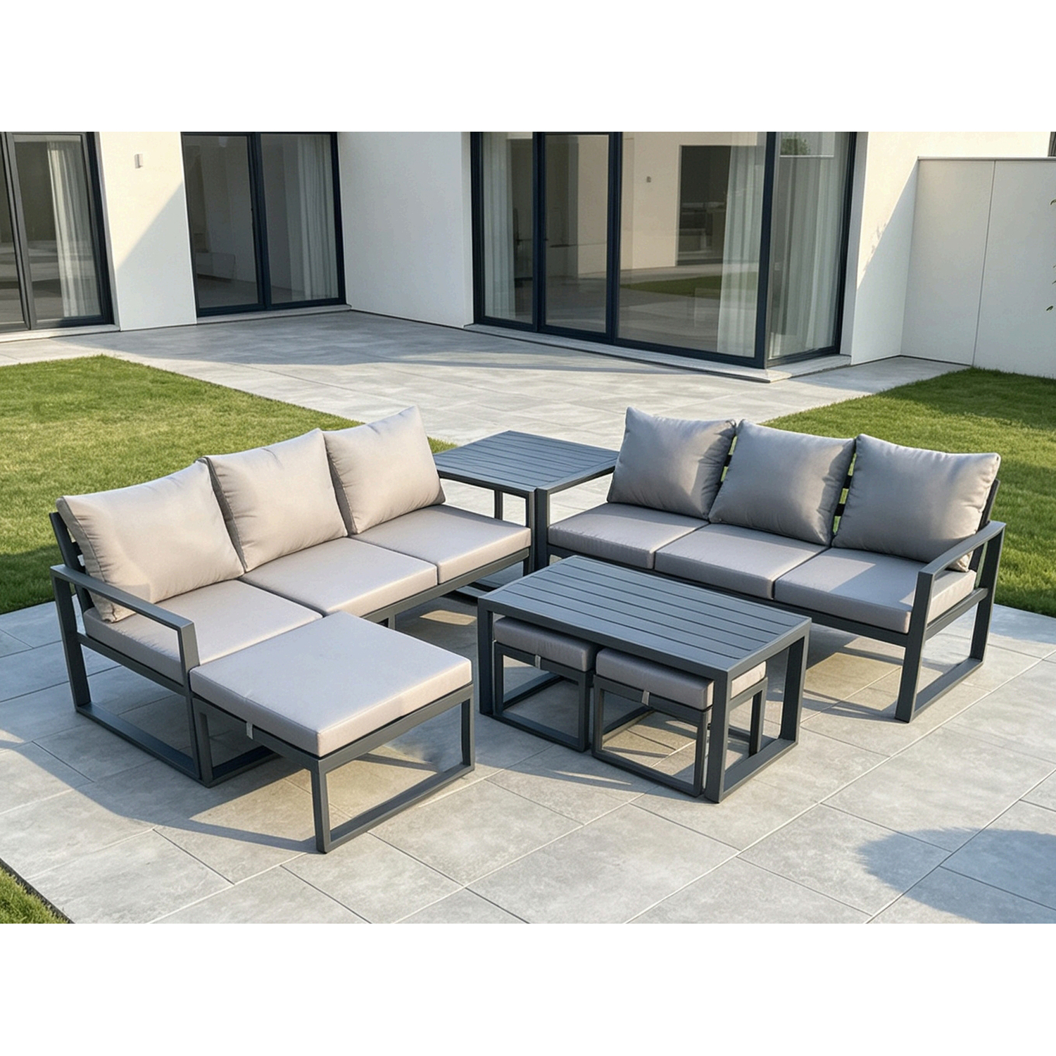 Fimous Unisex Dark Grey Aluminium Seater Garden Furniture Outdoor Patio Sofa Set With Rectangular Coffee Table 3 Footstools Side Table Size 9 - Image 2