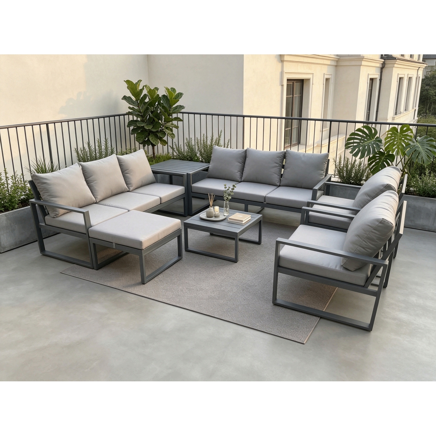 Fimous Dark/Grey Aluminium Patio Outdoor Garden Furniture Lounge Sofa Set With Square Coffee Table 2 Chairs Big Footstool Side Table - Image 2