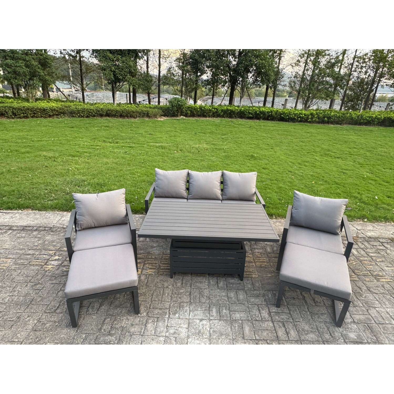 Rackhams Dark/Grey 7 Seater Aluminium Garden Furniture Set With Adjustable Rising Dining Table, Sofa, 2 Chairs, 2 Footstools - Image 3