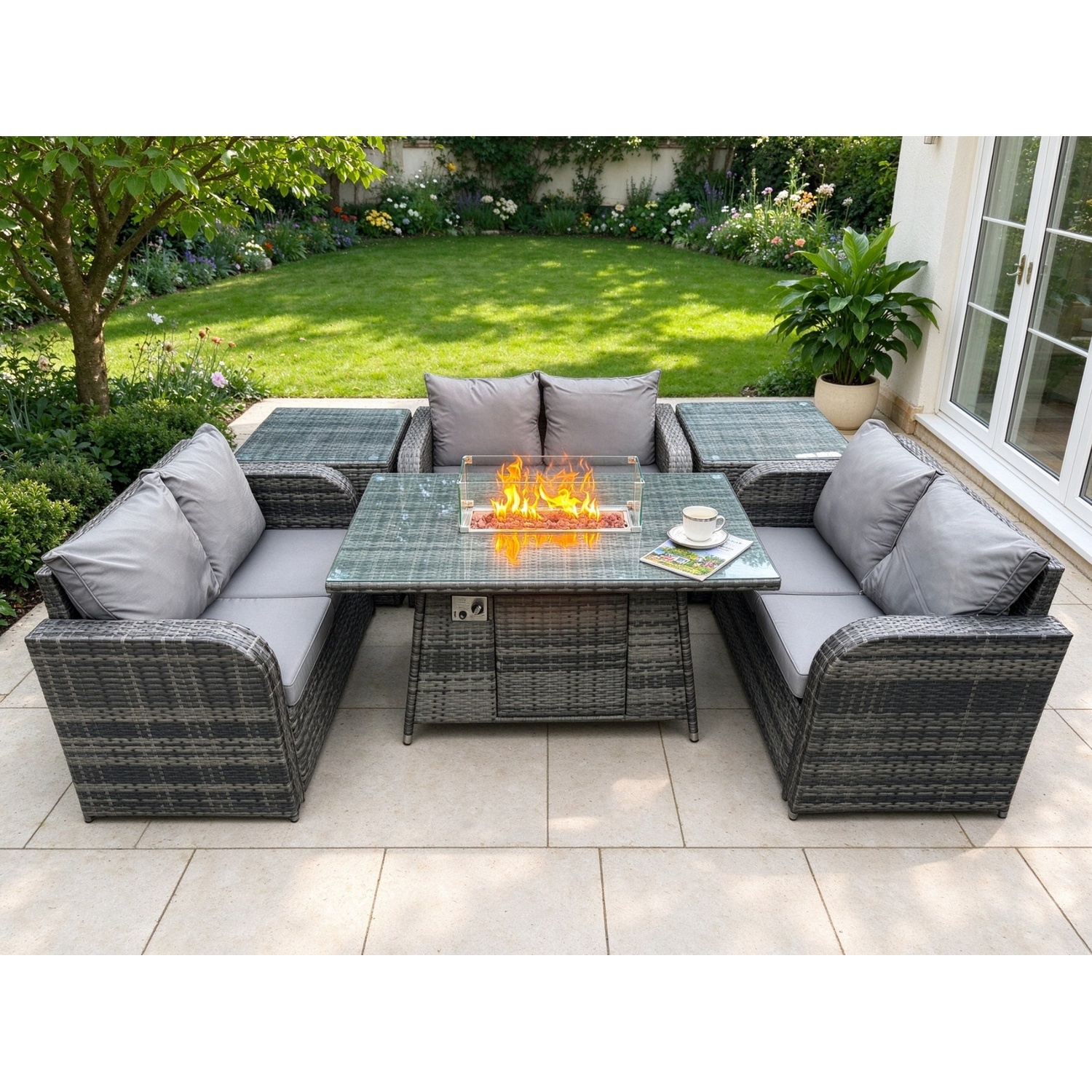 Rackhams Dark/Grey Rattan Outdoor Garden Furniture Sofa Set Gas Fire Pit Dining Table Gas Heater With 2 Side Tables Love Sofa Mixed - Image 2