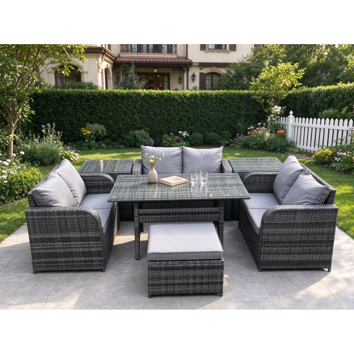 Fimous Dark/Grey 7 Seater Outdoor Rattan Garden Furniture Set With Patio Rectangular Dining Table Love Sofa 2 Side Tables Big Footstool Mixed - Image 2