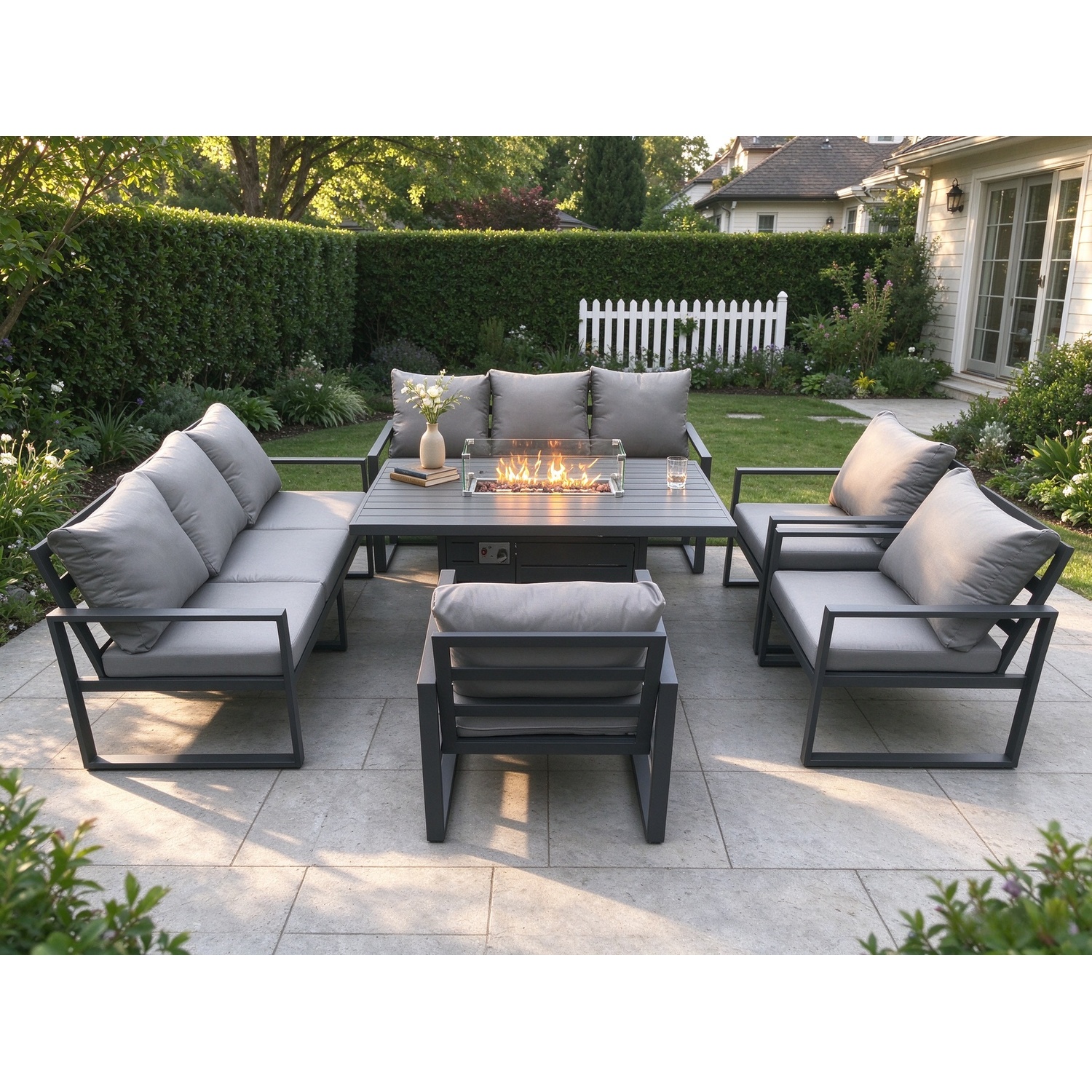 Fimous Aluminium Garden Furniture Outdoor Set Patio Lounge Sofa Gas Fire Pit Dining Table Set With 3 Armchair Dark Grey - Image 3