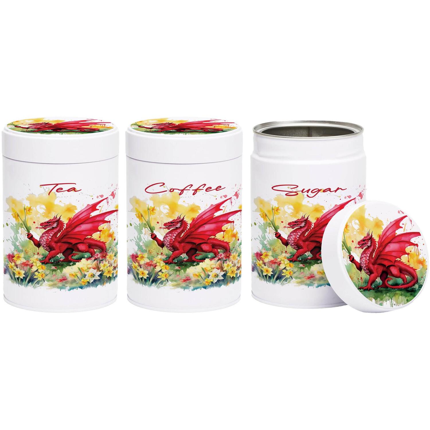 Welsh Dragon & Daffodils Tea, Coffee & Sugar Canisters - Floral Souvenir Gifts - Image 2