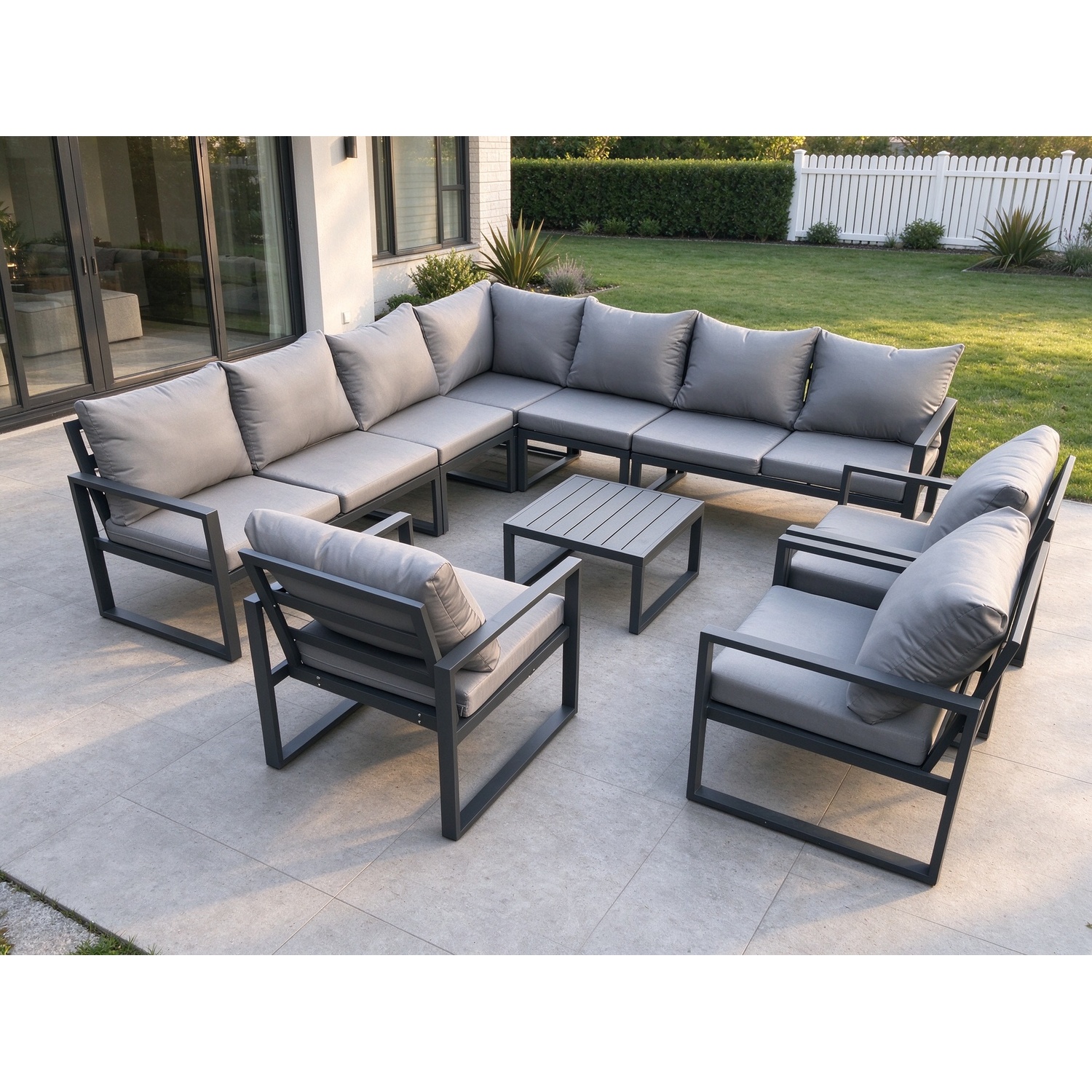 Fimous Dark/Grey Outdoor Garden Furniture Patio Lounge Corner Sofa Aluminium Set With Square Coffee Table 3 Pcs Arm Chairs - Image 2